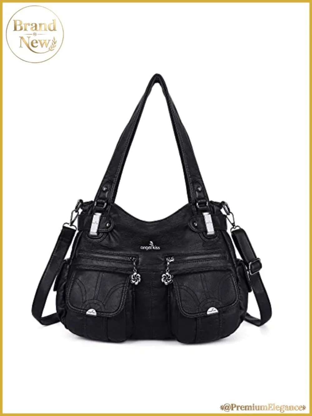 Large Washed PU Leather Satchel Handbag Multi Pocket Double Zipper